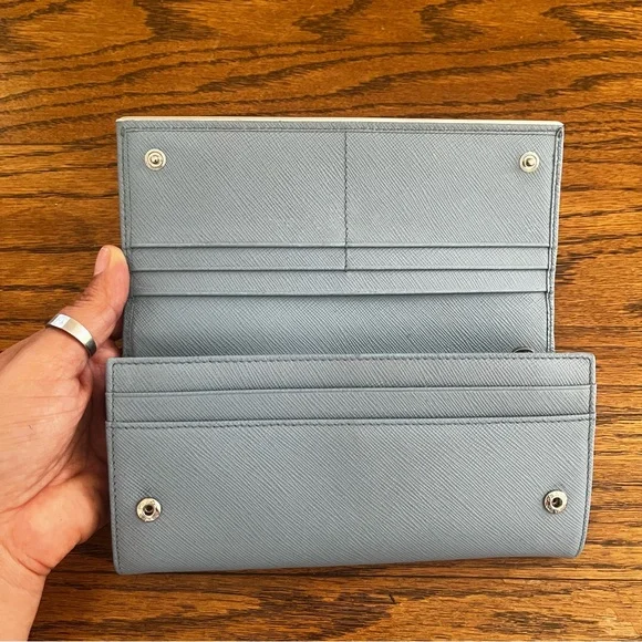 Prada Saffiano Leather Light Blue Metal Flap Bar Continental Wallet - Picture 4 of 13